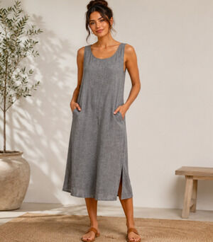 Pure Jill Linen Blend Midi Shift Dress Sleeveless Sz MP Minimalist Lagenlook Bea